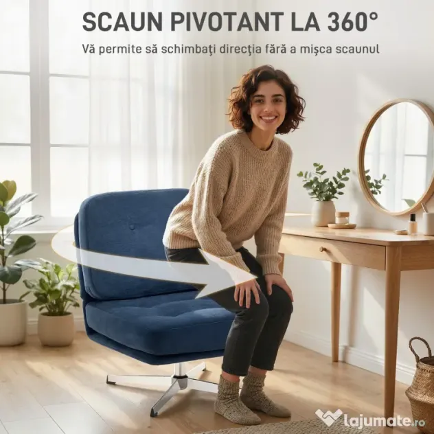 HOMCOM Fotoliu de Living Pivotant Îmbrăcat în Chenilă cu Șezut Lat, Fotoliu Modern pentru Dormitor cu Picioare Metalice, Albastru Închis | Aosom Romania