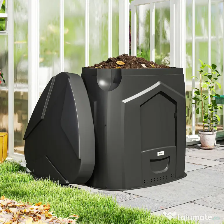Outsunny Compostor de Grădină 240L Triunghiular Rotativ cu 66 Guri de Aerisire și 3 Uși, din PP, 78x75x78 cm, Negru