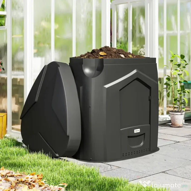 Outsunny Compostor de Grădină 240L Triunghiular Rotativ cu 66 Guri de Aerisire și 3 Uși, din PP, 78x75x78 cm, Negru