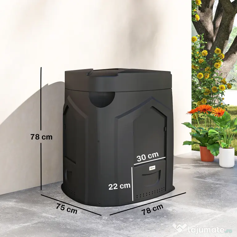 Outsunny Compostor de Grădină 240L Triunghiular Rotativ cu 66 Guri de Aerisire și 3 Uși, din PP, 78x75x78 cm, Negru