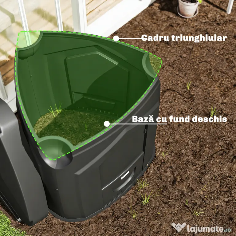 Outsunny Compostor de Grădină 240L Triunghiular Rotativ cu 66 Guri de Aerisire și 3 Uși, din PP, 78x75x78 cm, Negru
