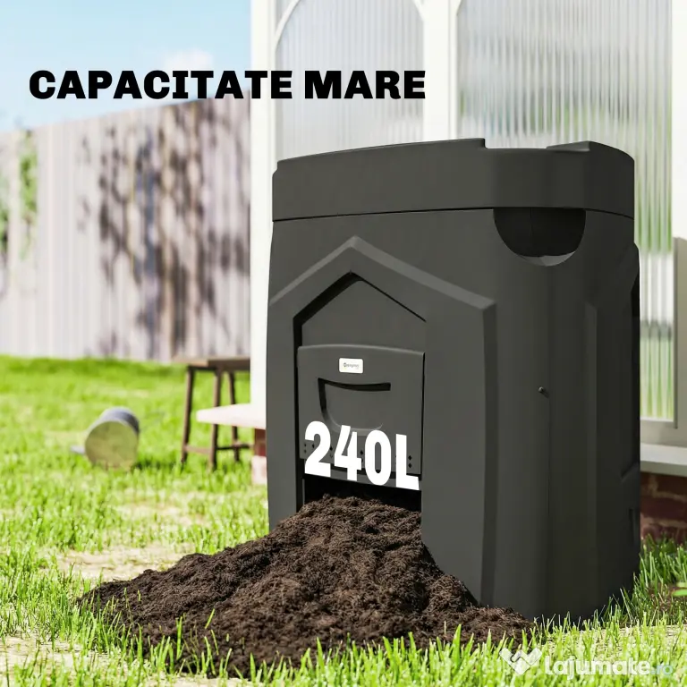 Outsunny Compostor de Grădină 240L Triunghiular Rotativ cu 66 Guri de Aerisire și 3 Uși, din PP, 78x75x78 cm, Negru