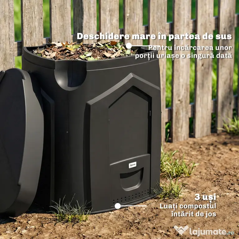 Outsunny Compostor de Grădină 240L Triunghiular Rotativ cu 66 Guri de Aerisire și 3 Uși, din PP, 78x75x78 cm, Negru