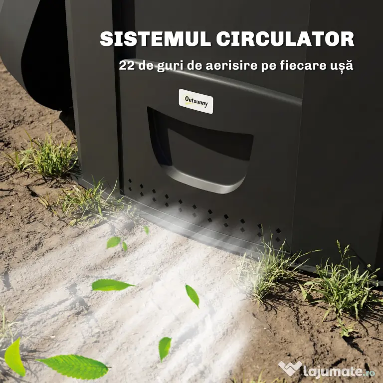 Outsunny Compostor de Grădină 240L Triunghiular Rotativ cu 66 Guri de Aerisire și 3 Uși, din PP, 78x75x78 cm, Negru