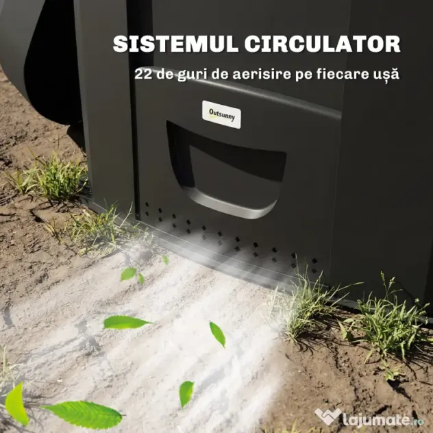 Outsunny Compostor de Grădină 240L Triunghiular Rotativ cu 66 Guri de Aerisire și 3 Uși, din PP, 78x75x78 cm, Negru