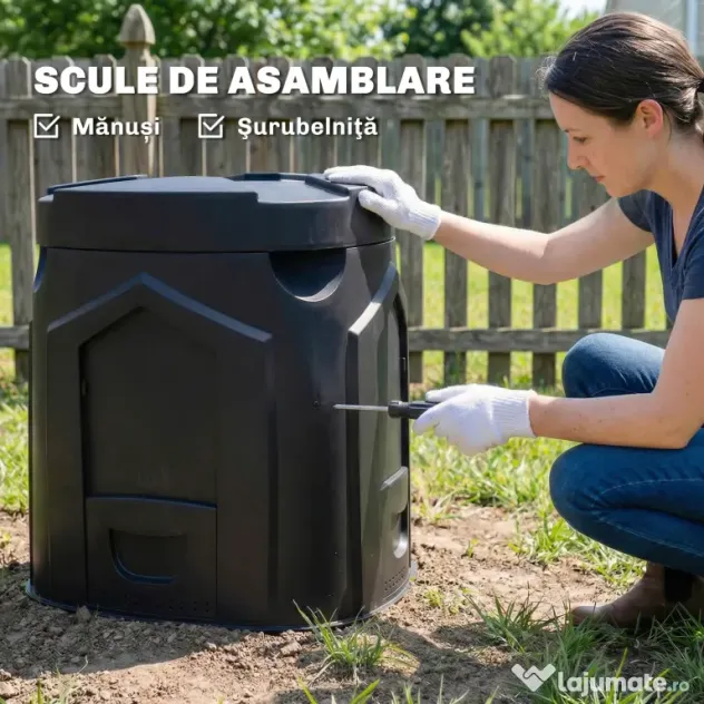 Outsunny Compostor de Grădină 240L Triunghiular Rotativ cu 66 Guri de Aerisire și 3 Uși, din PP, 78x75x78 cm, Negru