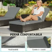 Outsunny Set 2 Șezlonguri de Grădină din Ratan cu Măsuță Laterală și Spătar Reglabil, 184x60x22 cm, Gri Închis | Aosom Romania
