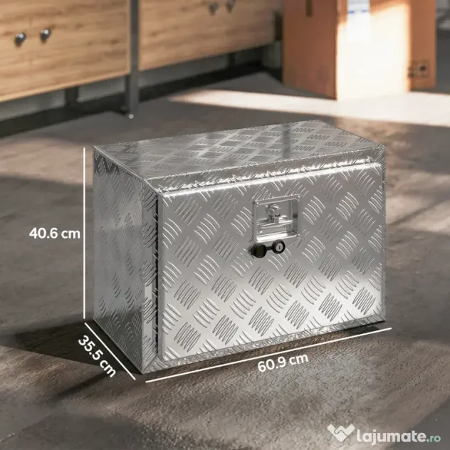 HOMCOM Cutie pentru Unelte de 76L din Aluminiu cu Încuietoare, 2 Chei și Mâner Lateral, 60,9x35,5x40,6 cm, Argintiu