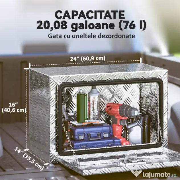 HOMCOM Cutie pentru Unelte de 76L din Aluminiu cu Încuietoare, 2 Chei și Mâner Lateral, 60,9x35,5x40,6 cm, Argintiu