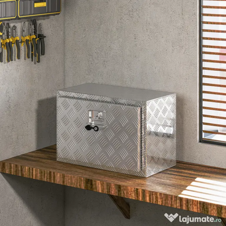 HOMCOM Cutie pentru Unelte de 76L din Aluminiu cu Încuietoare, 2 Chei și Mâner Lateral, 60,9x35,5x40,6 cm, Argintiu