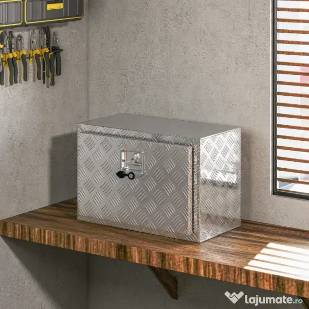 HOMCOM Cutie pentru Unelte de 76L din Aluminiu cu Încuietoare, 2 Chei și Mâner Lateral, 60,9x35,5x40,6 cm, Argintiu