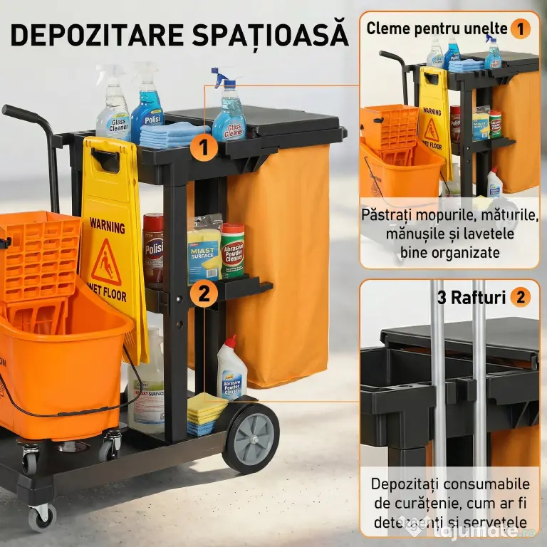 HOMCOM Cărucior multifuncțional cu sac pentru curățenie