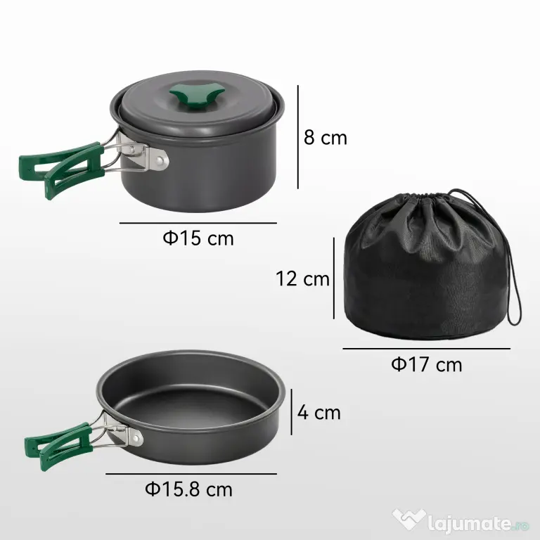 Set Vase Camping Outsunny, Kit 8 Piese Ultraușor, Mânere Anti-Arsură, Gri | Aosom Romania