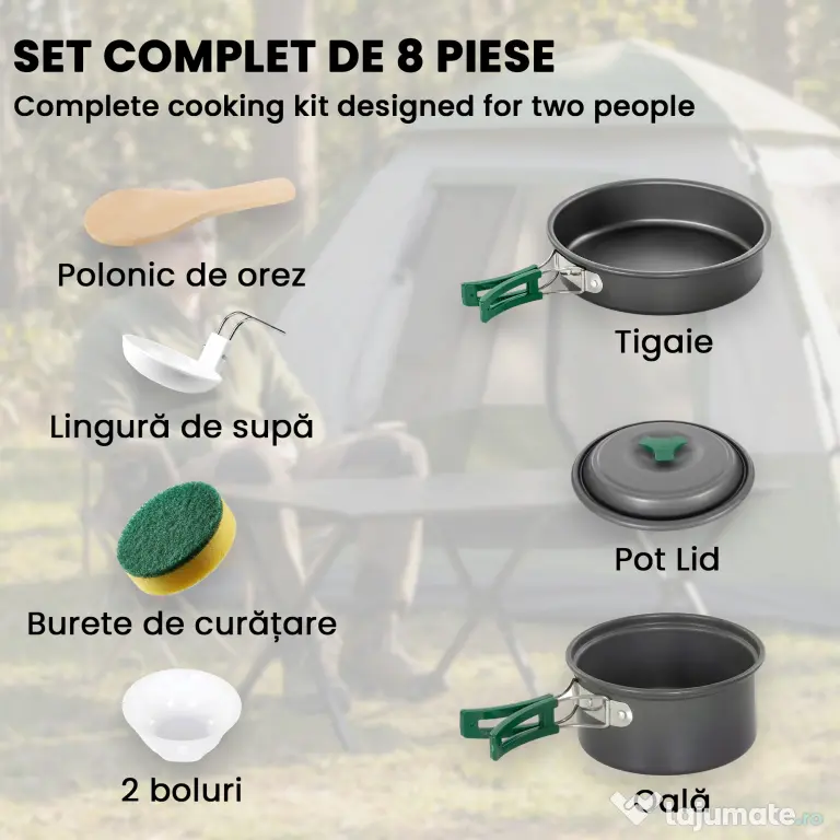 Set Vase Camping Outsunny, Kit 8 Piese Ultraușor, Mânere Anti-Arsură, Gri | Aosom Romania