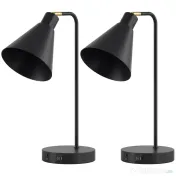HOMCOM Set de 2 Lămpi de Masă Moderne din Oțel cu Porturi USB, E27, Becurile Nu Sunt Incluse, Negru | Aosom Romania 
