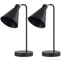 HOMCOM Set de 2 Lămpi de Masă Moderne din Oțel cu Porturi USB, E27, Becurile Nu Sunt Incluse, Negru | Aosom Romania