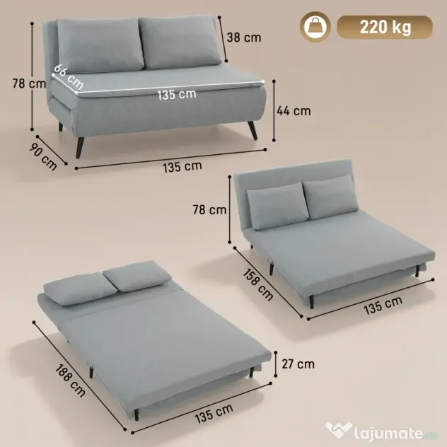 HOMCOM Canapea Extensibilă 2 Persoane 3 în 1 din Material Tip In cu 2 Perne, Cadru din Eucalipt, Gri Deschis | Aosom Romania