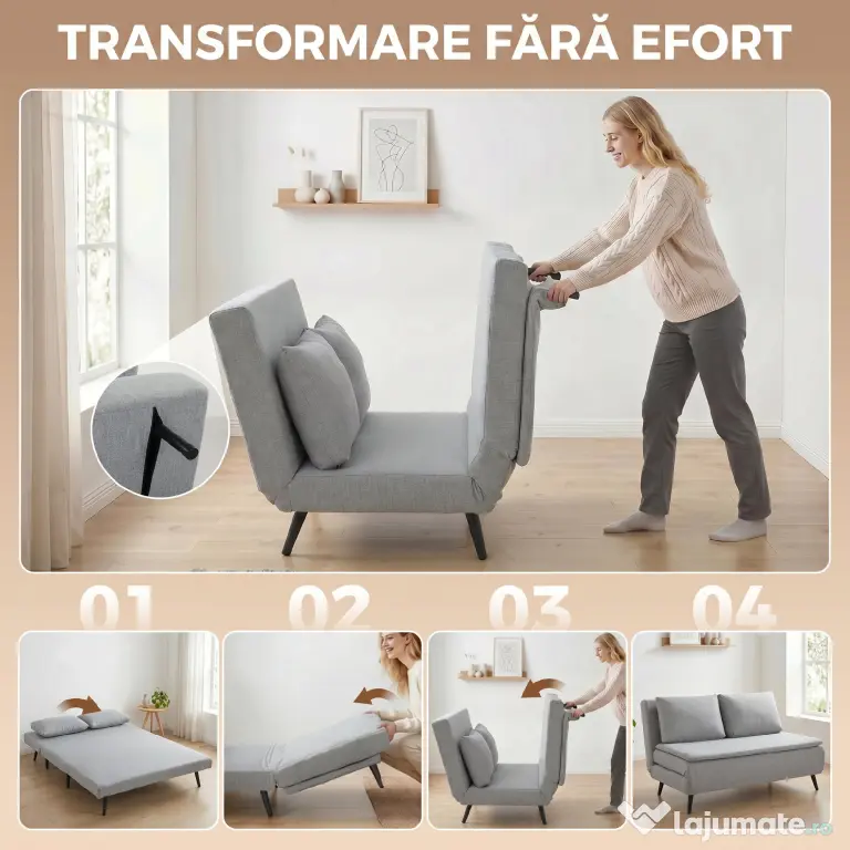 HOMCOM Canapea Extensibilă 2 Persoane 3 în 1 din Material Tip In cu 2 Perne, Cadru din Eucalipt, Gri Deschis | Aosom Romania