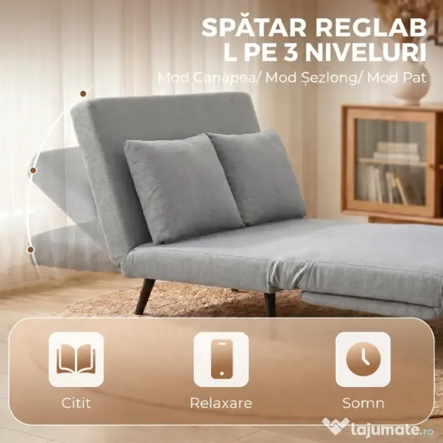 HOMCOM Canapea Extensibilă 2 Persoane 3 în 1 din Material Tip In cu 2 Perne, Cadru din Eucalipt, Gri Deschis | Aosom Romania