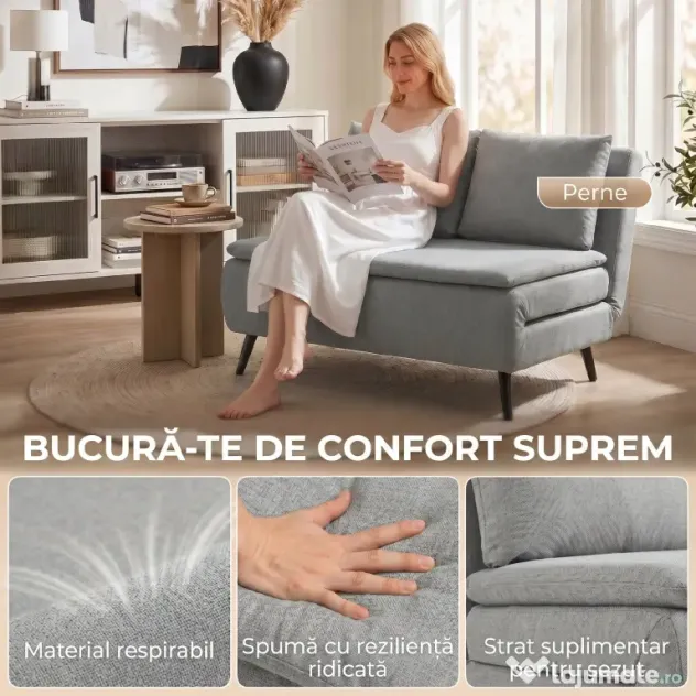 HOMCOM Canapea Extensibilă 2 Persoane 3 în 1 din Material Tip In cu 2 Perne, Cadru din Eucalipt, Gri Deschis | Aosom Romania