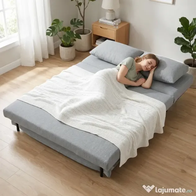 HOMCOM Canapea Extensibilă 2 Persoane 3 în 1 din Material Tip In cu 2 Perne, Cadru din Eucalipt, Gri Deschis | Aosom Romania