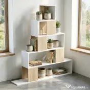 HOMCOM Bibliotecă cu 5 Rafturi Tip Trepte, Alb și Lemn Natural | Aosom Romania 
