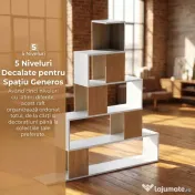 HOMCOM Bibliotecă cu 5 Rafturi Tip Trepte, Alb și Lemn Natural | Aosom Romania 