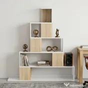 HOMCOM Bibliotecă cu 5 Rafturi Tip Trepte, Alb și Lemn Natural | Aosom Romania 