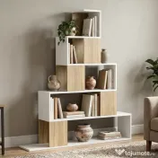 HOMCOM Bibliotecă cu 5 Rafturi Tip Trepte, Alb și Lemn Natural | Aosom Romania 