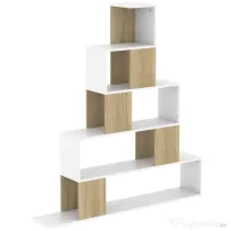 HOMCOM Bibliotecă cu 5 Rafturi Tip Trepte, Alb și Lemn Natural