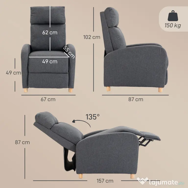 HOMCOM Fotoliu Relaxabil cu Suport pentru Picioare și Arcuri în Saci, Gri Închis | Aosom Romania