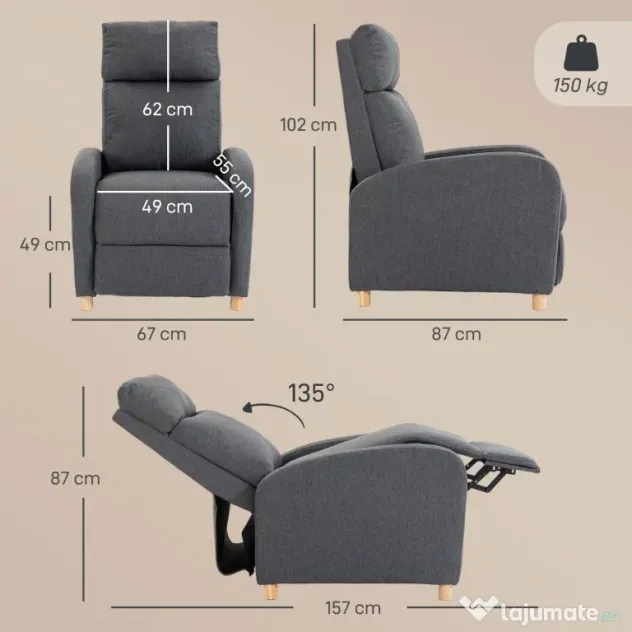 HOMCOM Fotoliu Relaxabil cu Suport pentru Picioare și Arcuri în Saci, Gri Închis | Aosom Romania