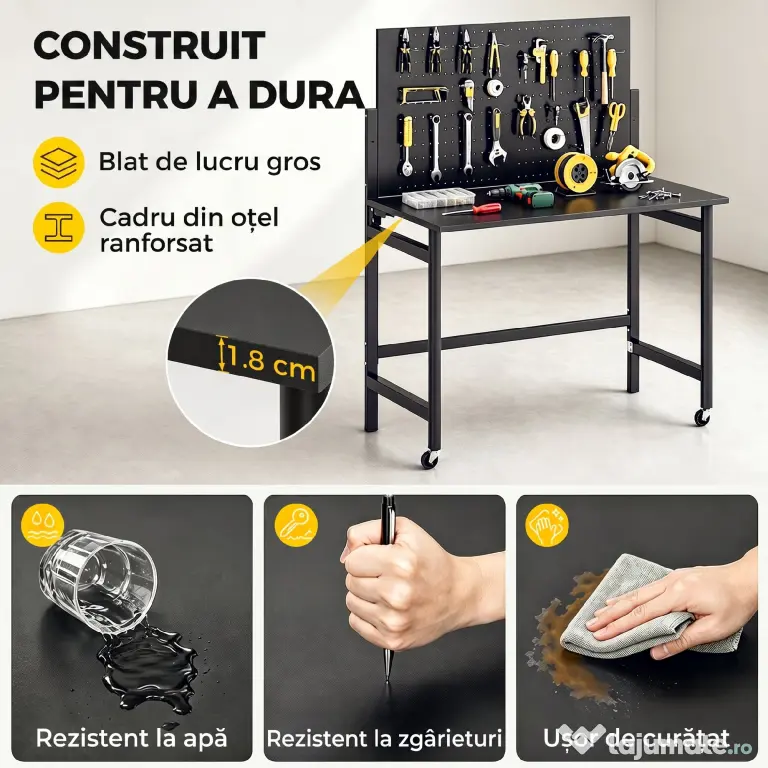 HOMCOM Banc de Lucru Pliabil Portabil cu Panou Perforat, Blat Gros din Lemn, Structură din Oțel, Negru