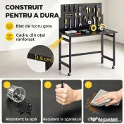 HOMCOM Banc de Lucru Pliabil Portabil cu Panou Perforat, Blat Gros din Lemn, Structură din Oțel, Negru 