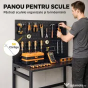 HOMCOM Banc de Lucru Pliabil Portabil cu Panou Perforat, Blat Gros din Lemn, Structură din Oțel, Negru 