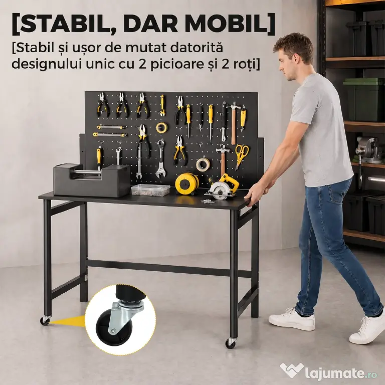 HOMCOM Banc de Lucru Pliabil Portabil cu Panou Perforat, Blat Gros din Lemn, Structură din Oțel, Negru