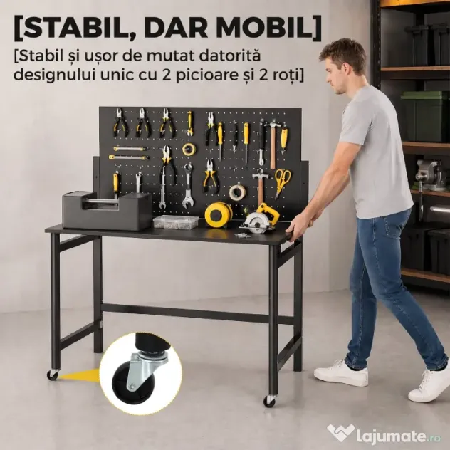 HOMCOM Banc de Lucru Pliabil Portabil cu Panou Perforat, Blat Gros din Lemn, Structură din Oțel, Negru