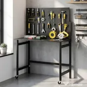 HOMCOM Banc de Lucru Pliabil Portabil cu Panou Perforat, Blat Gros din Lemn, Structură din Oțel, Negru 