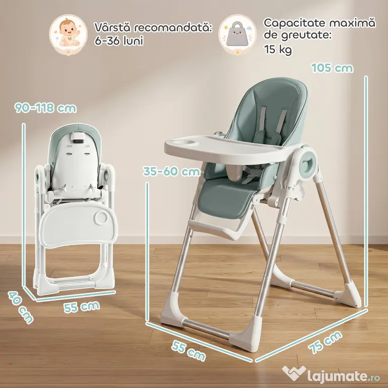 AIYAPLAY Scaun de Masă Pliabil pentru Copii 6-36 Luni cu Înălțime Reglabilă, Tăviță Dublă Lavabilă, Roți, Verde | Aosom Romania