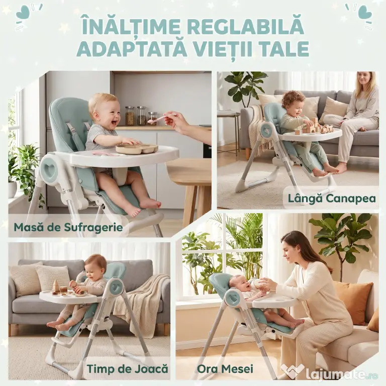 AIYAPLAY Scaun de Masă Pliabil pentru Copii 6-36 Luni cu Înălțime Reglabilă, Tăviță Dublă Lavabilă, Roți, Verde | Aosom Romania