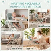 AIYAPLAY Scaun de Masă Pliabil pentru Copii 6-36 Luni cu Înălțime Reglabilă, Tăviță Dublă Lavabilă, Roți, Verde | Aosom Romania