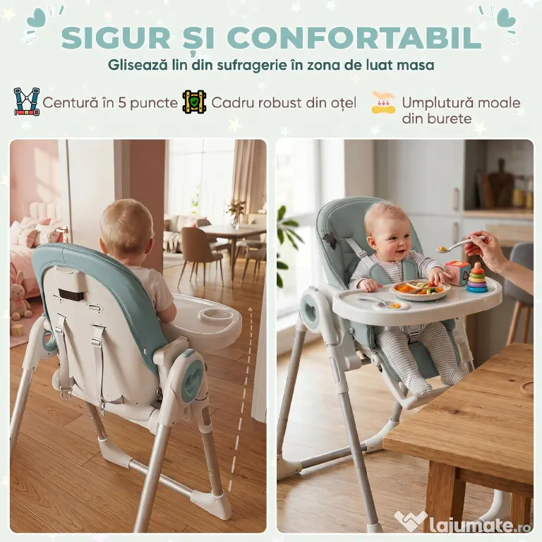 AIYAPLAY Scaun de Masă Pliabil pentru Copii 6-36 Luni cu Înălțime Reglabilă, Tăviță Dublă Lavabilă, Roți, Verde | Aosom Romania