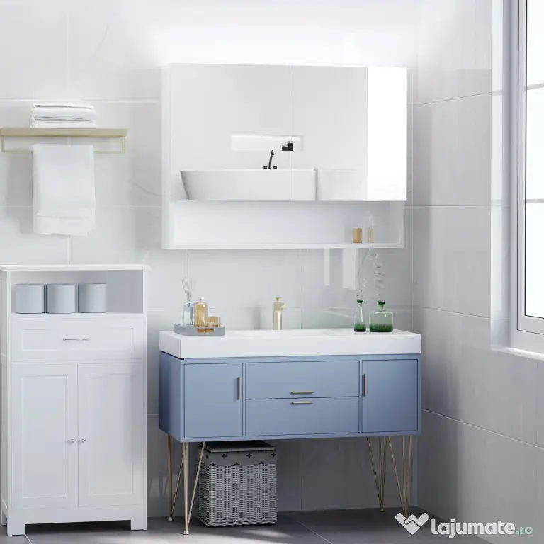 HOMCOM Dulap cu oglinda de perete cu lumini LED, raft deschis si raft intern reglabil, sticla si MDF, 80x15x60cm