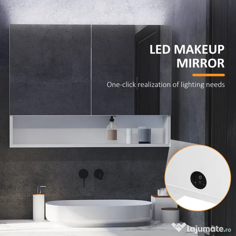 HOMCOM Dulap cu oglinda de perete cu lumini LED, raft deschis si raft intern reglabil, sticla si MDF, 80x15x60cm