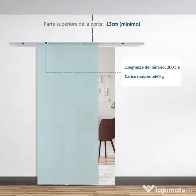 HOMCOM Ușă Glisantă din Sticlă Mată Securizată, cu Șină din Aluminiu și Accesorii Incluse, Ușă Culisantă pentru Interior, 77.5x205 cm