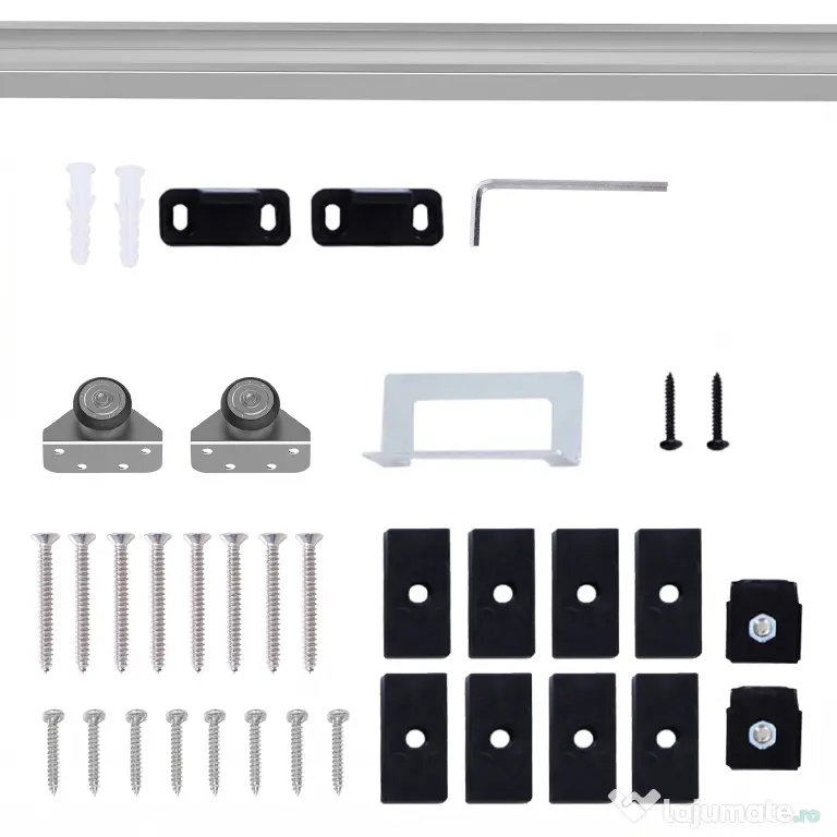HOMCOM Kit Ușă Glisantă din Metal cu Accesorii, Role, Ghidaj, Blocaje și Cheie Hexagonală, 186x2.5x3.77 cm