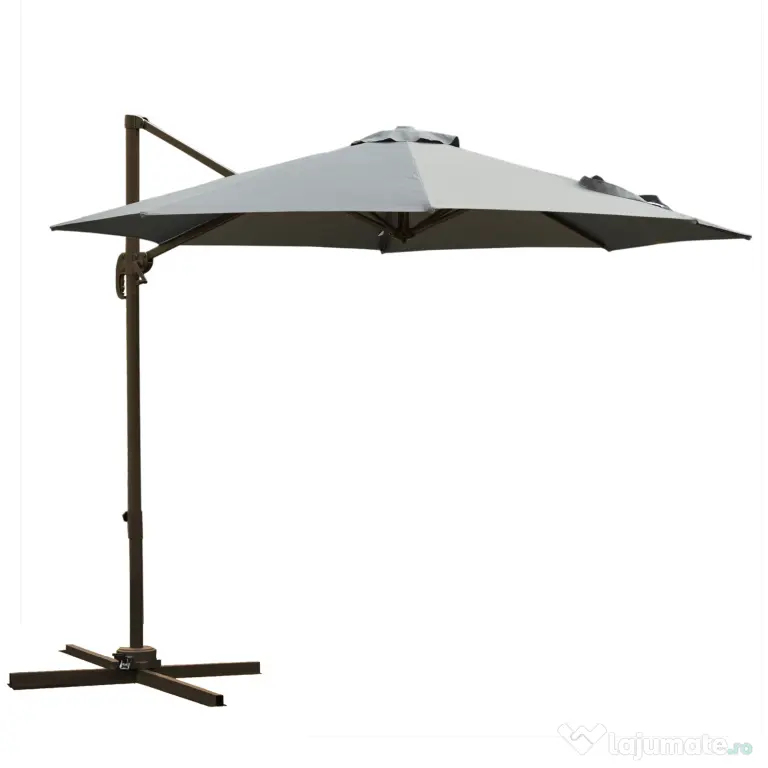 Outsunny Umbrel de Gradină cu Manivelă cu Înclinare Reglabilă, Umbrelă cu Braț și Stinghii, Ø2.95x2.5 m, Gri