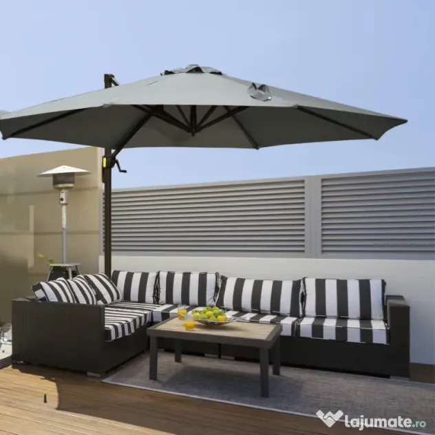 Outsunny Umbrel de Gradină cu Manivelă cu Înclinare Reglabilă, Umbrelă cu Braț și Stinghii, Ø2.95x2.5 m, Gri
