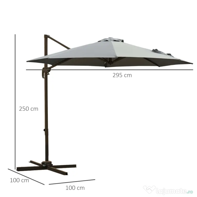 Outsunny Umbrel de Gradină cu Manivelă cu Înclinare Reglabilă, Umbrelă cu Braț și Stinghii, Ø2.95x2.5 m, Gri