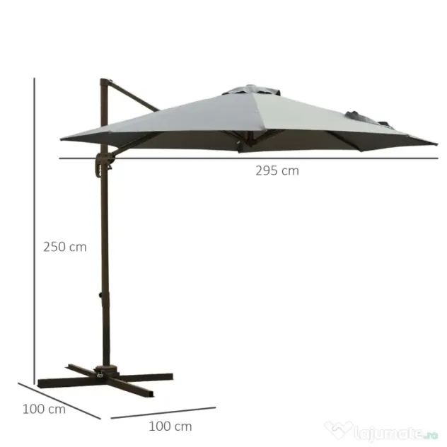 Outsunny Umbrel de Gradină cu Manivelă cu Înclinare Reglabilă, Umbrelă cu Braț și Stinghii, Ø2.95x2.5 m, Gri